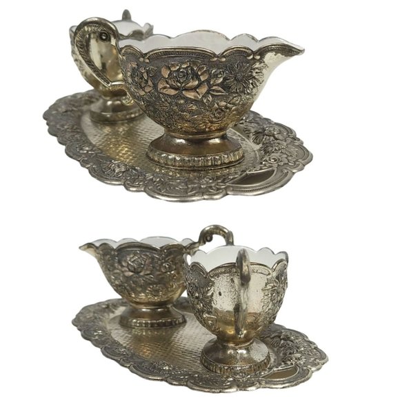 Vintage Cream Sugar Set Roses Floral Scalloped Edges Tray Enamel Interior Japan - Picture 5 of 11